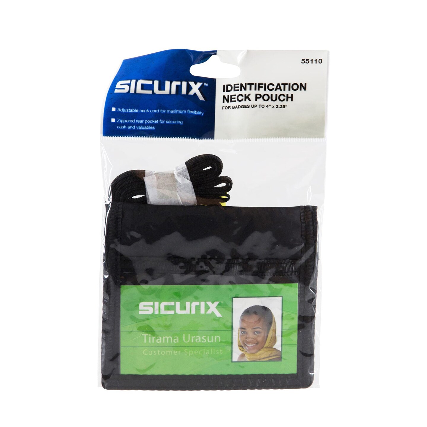ID Neck Pouch Badge Holder, Horizontal, Adjustable Cord, 4&#x22; x 2-1/4&#x22; Insert, Black, Pack of 6