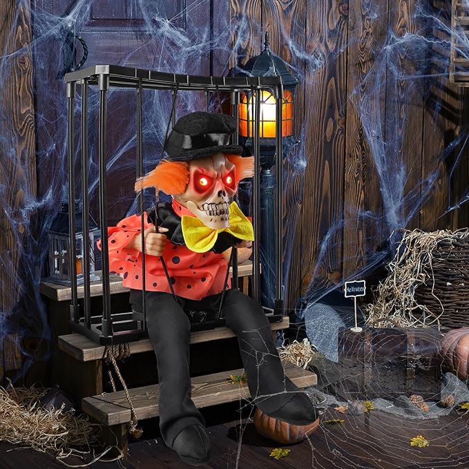 Hanging Decorations, Halloween Decors Prop with Motion Sensor Activated & Light Up Eyes Spooky Scary Cage Ghost Clown Prisoner for Indoor Outdoor Haunted House Decor