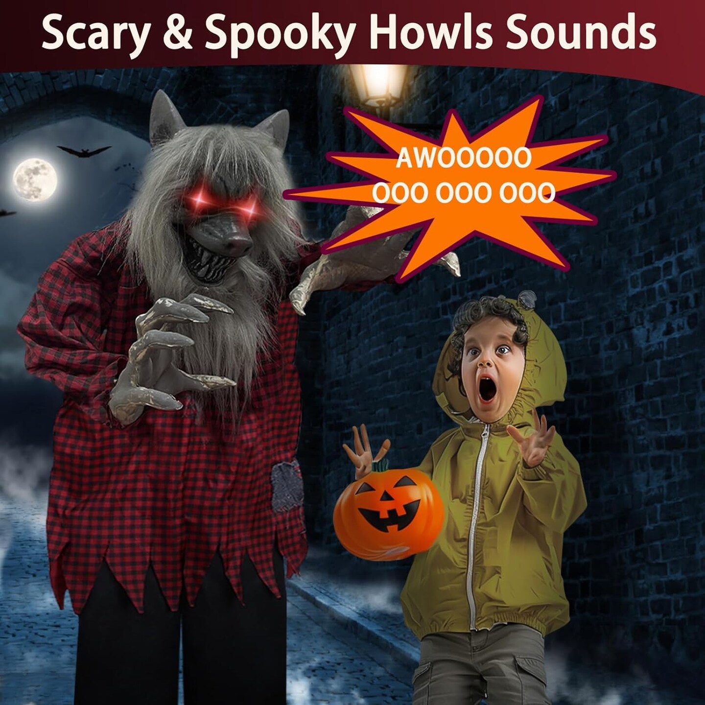 Motion &#x26; Howling Plaid-Clad Werewolf Animatronic Halloween Decoration Sound Activated, Light-Up Red Eyes Poseable Arms, 47 Inch Hanging Halloween Prop for Outdoor Haunted House Scary Decor