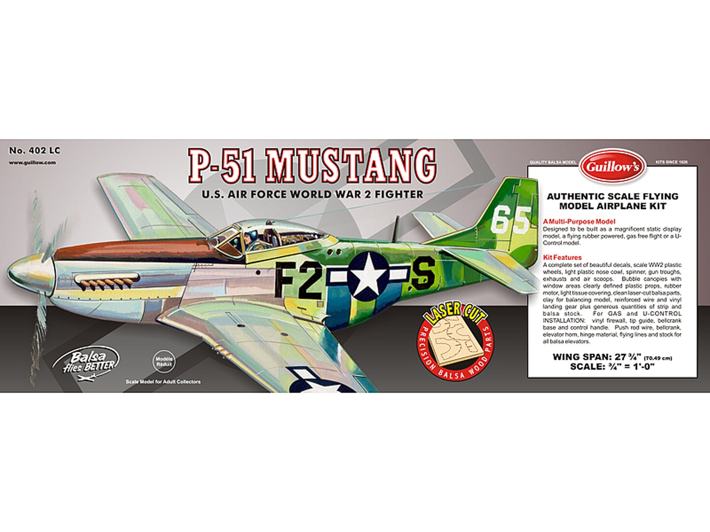 Guillow&#x27;s P51 Mustang Laser Cut Model Kit, Yellow, Small