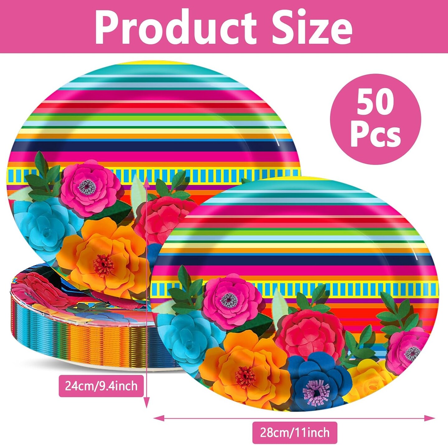 50PCS Mexican Fiesta Oval Paper Plates Large 11&#x201D; Disposable Mexican Theme Party Decorations Floral Stripes Supplies Favor for Day of The Dead Mexico Pinata Taco Platters Party Tableware Set