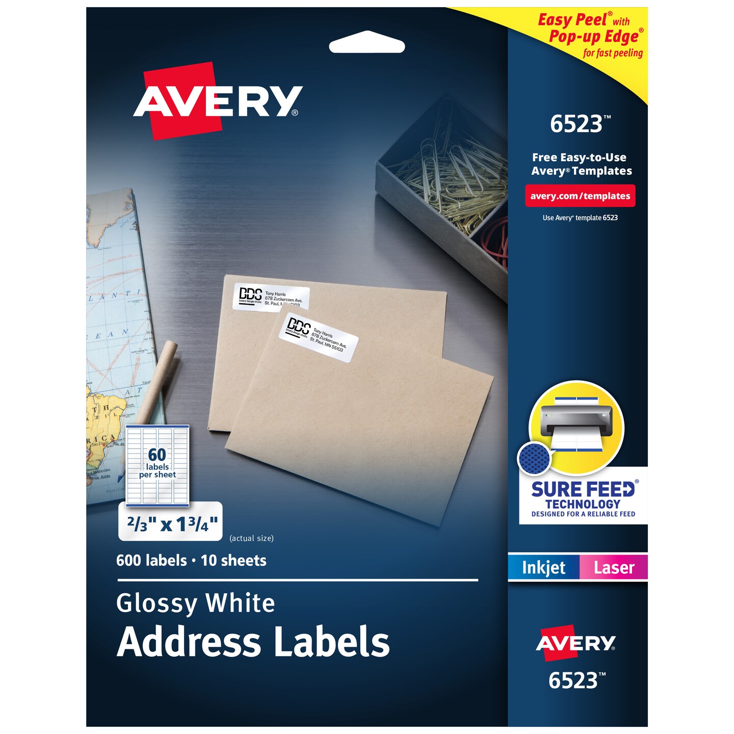 Avery Return Address Labels with Sure Feed and Easy Peel Technology, Glossy White Labels, 2/3&#x22; x 1-3/4&#x22;, Permanent Adhesive, Laser/Inkjet, 600 Glossy Labels (6523)