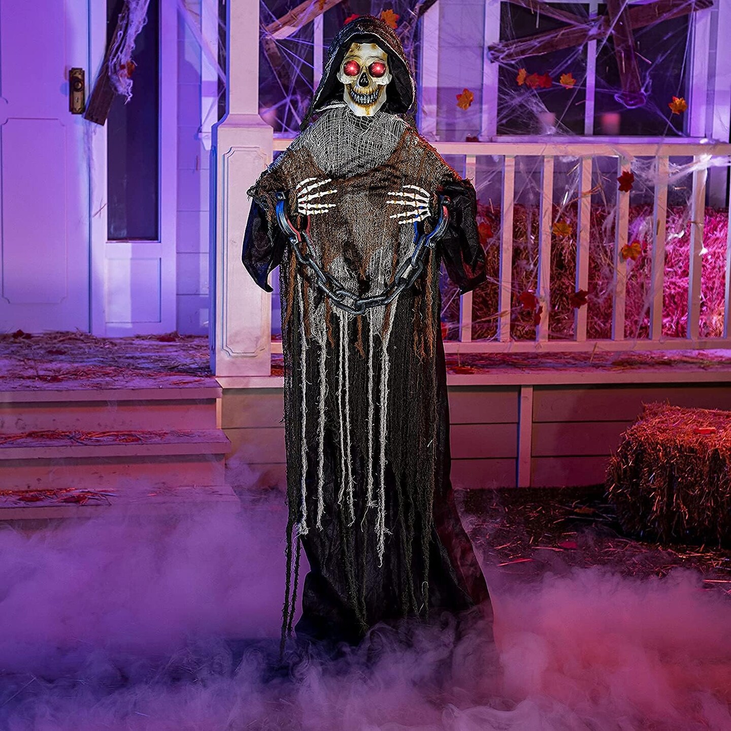 Size Animatronics Grim Reaper with Chain, Sound-Actived Halloween Party Decoration with Creepy Sound, Scary Haunted House Props for Garden Yard Lawn