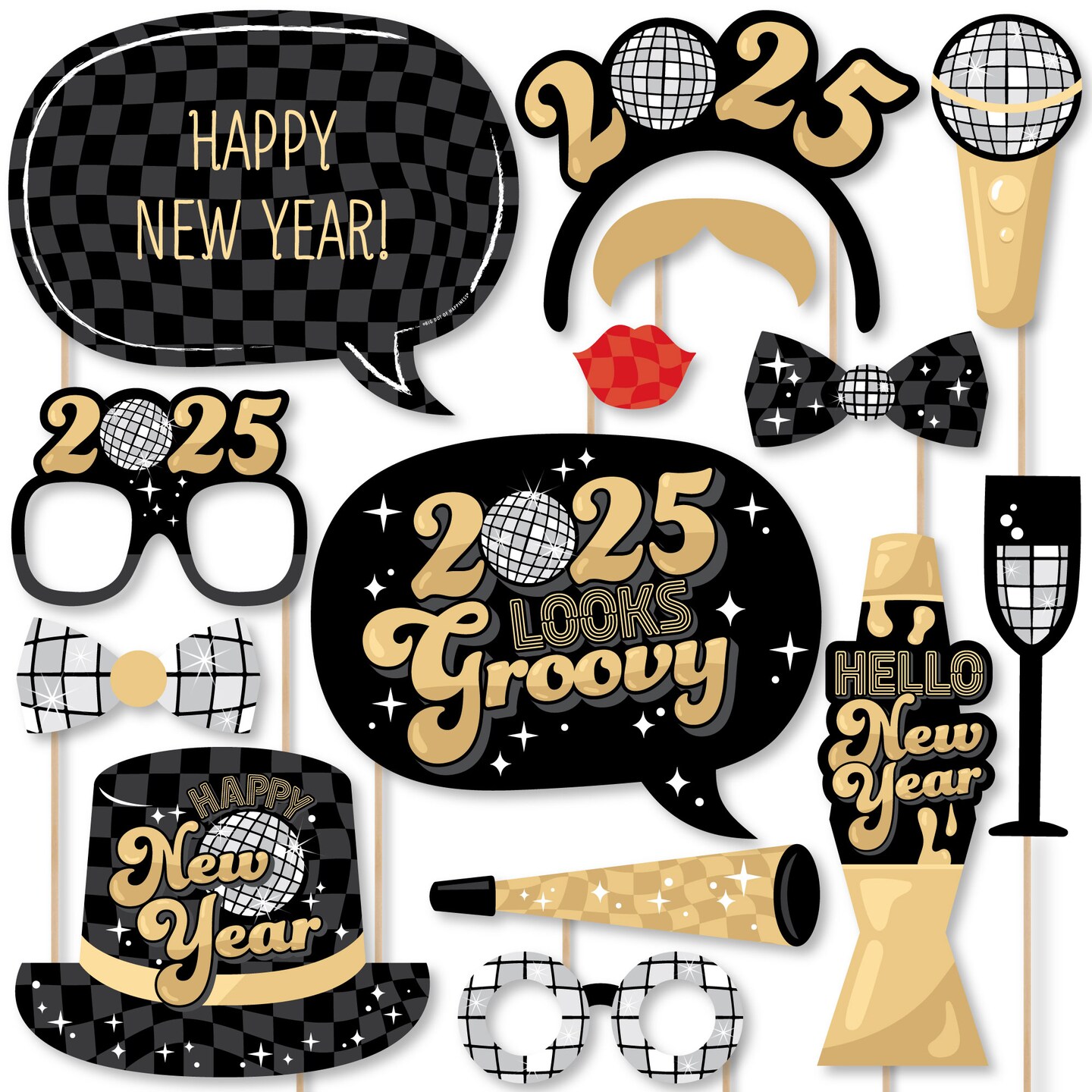 Big Dot of Happiness Disco New Year - Groovy 2025 NYE Party Photo Booth Props Kit - 20 Count