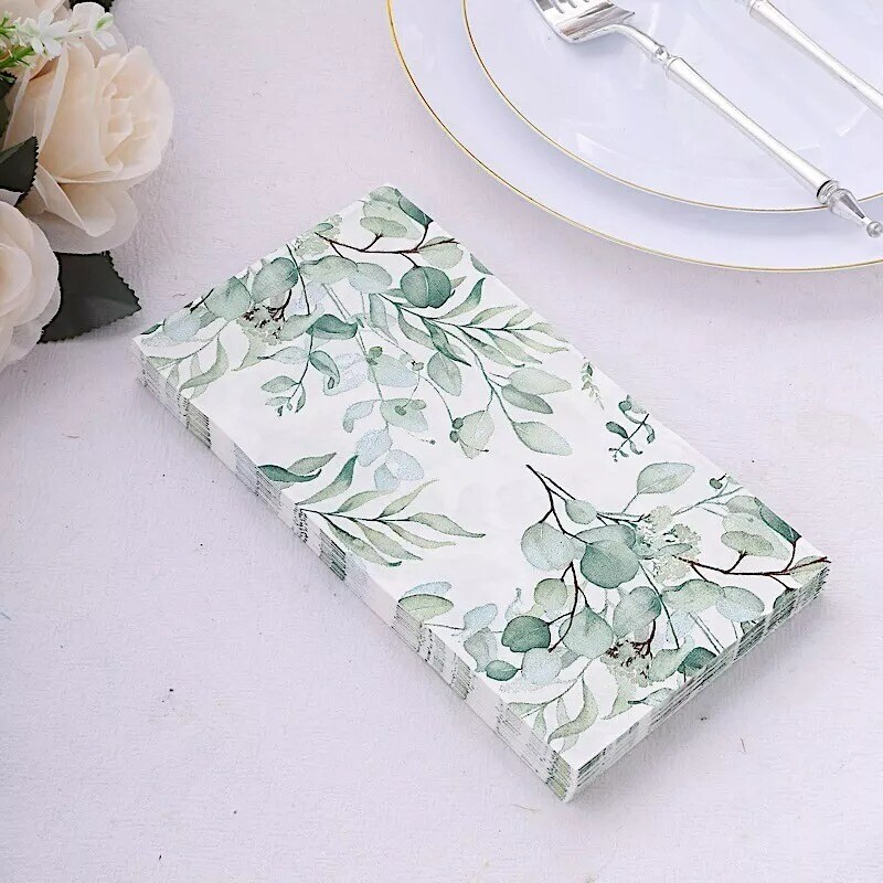 20 White Green Paper Disposable Dinner Napkins Leaves Design Party Decorations