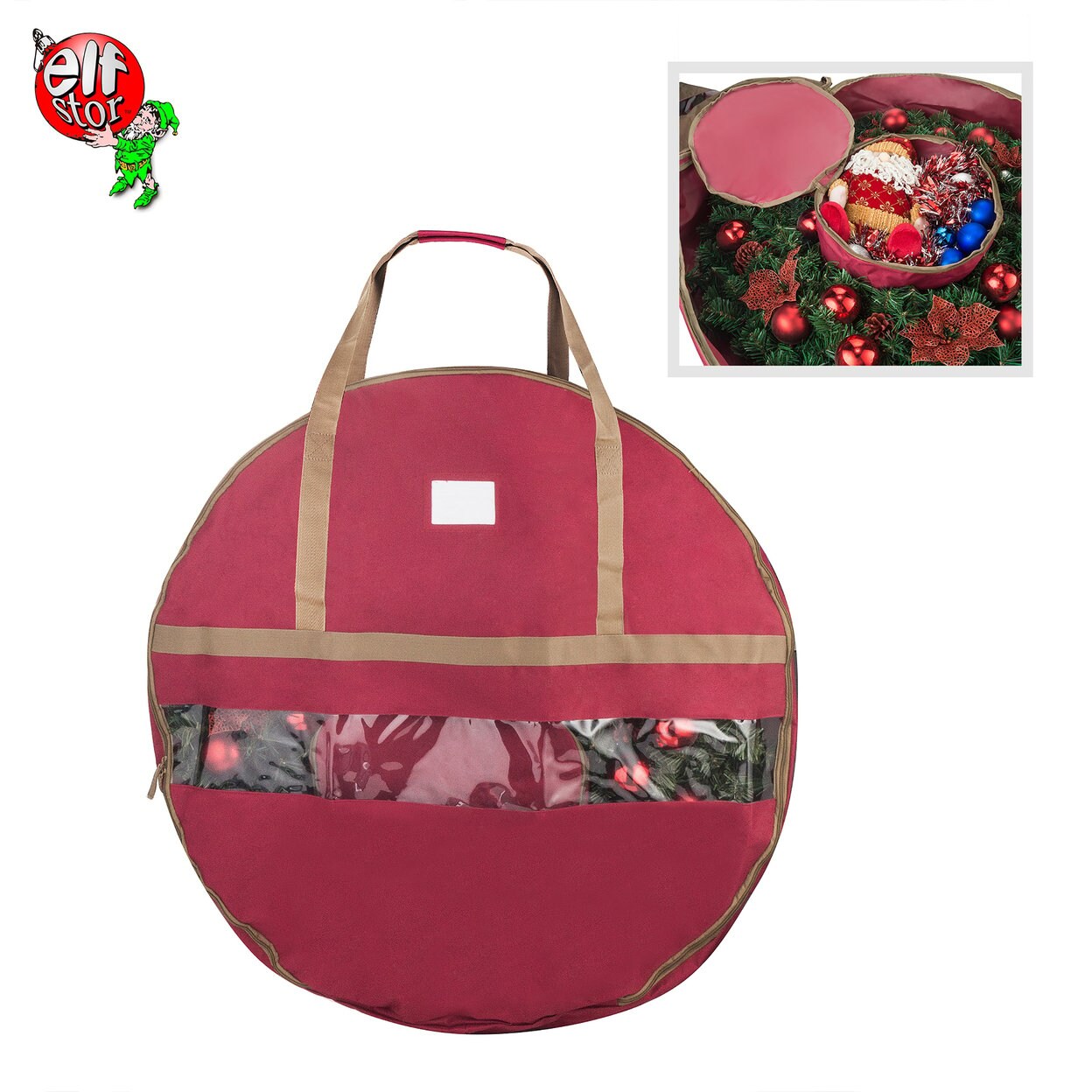 Wreath Storage Bag 48 Inch Round-Interior Compartment Clear Window Red