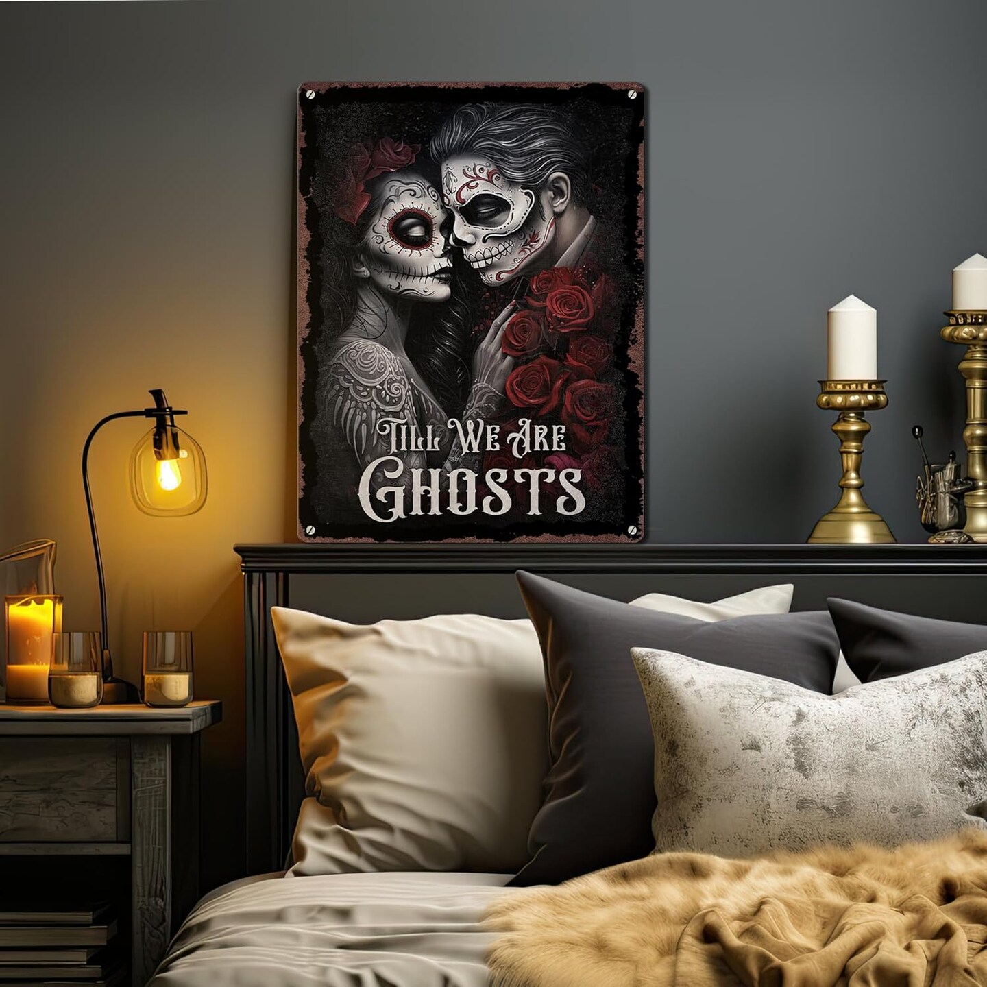 Couple Printed Metal Sign, 11.8x15.7 Inches, Gothic Skull Couple Valentines Decor, Romance Sugar Skull Lady Couple Wall Art; Gothic Bedroom Decor