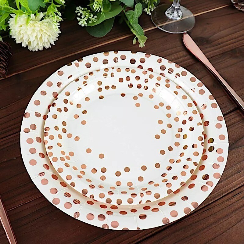 25 White 9&#x22; Round Paper Plates Rose Gold Polka Dots Party Events Home Tableware