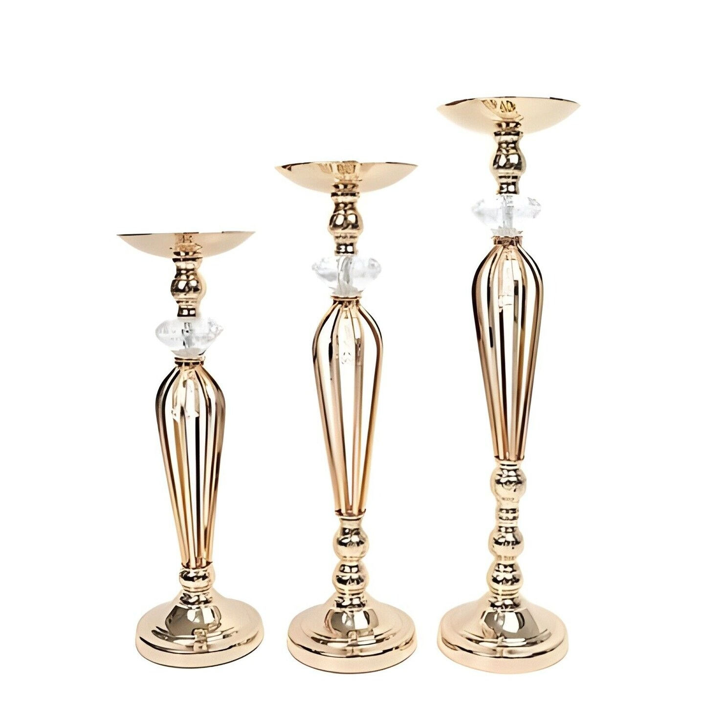 3 Gold Metal Crystals Pillar Candle Holders Pedestal Stand Set Party Events