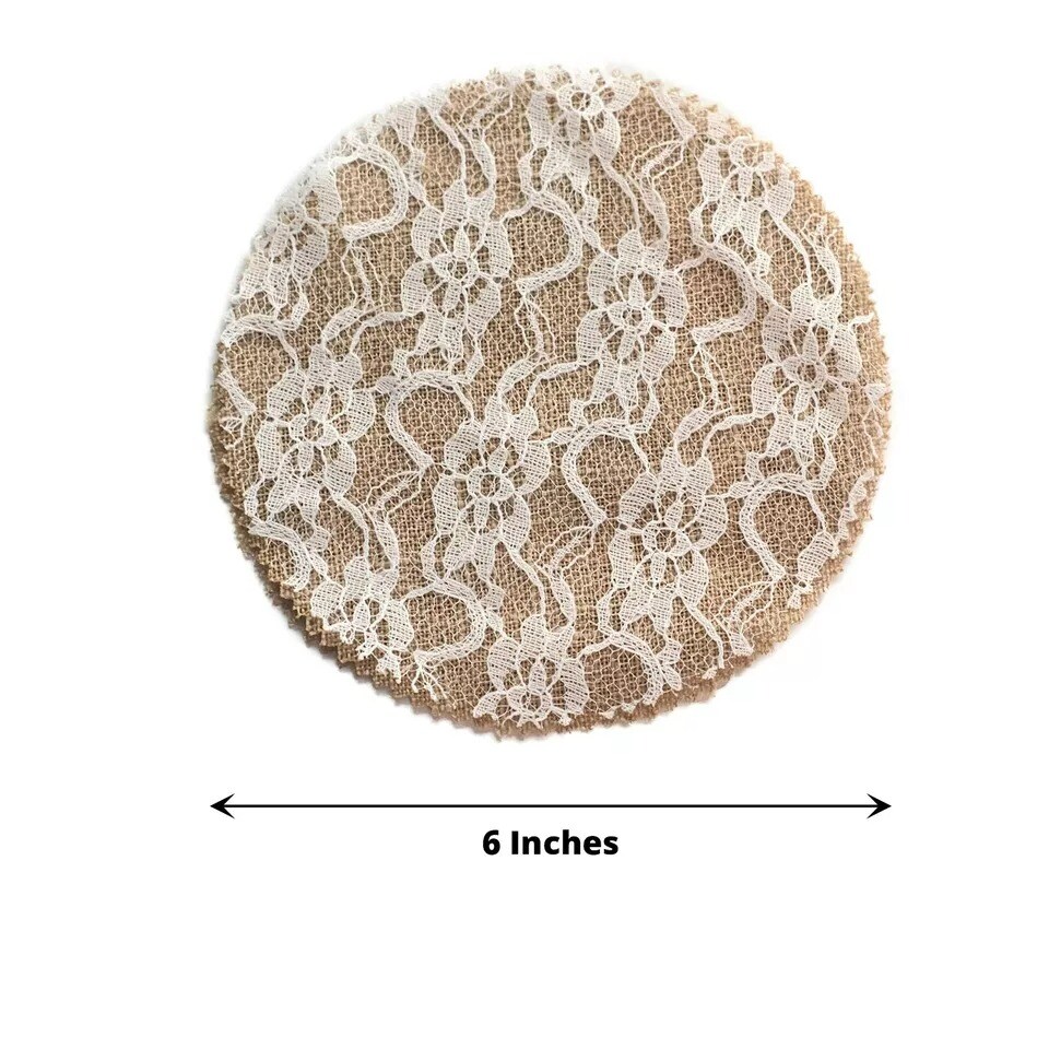 6 Round 6&#x22; Natural White Rustic Burlap Lace Jar Covers Jute String Party Events