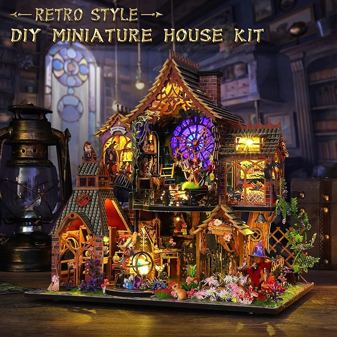 Miniature Dollhouse Kits 3D Puzzle Doll House with Furniture and LED Bookshelf Decor Creative Room DIY Handmade Crafts for Adults Teen (Magic Spirit)