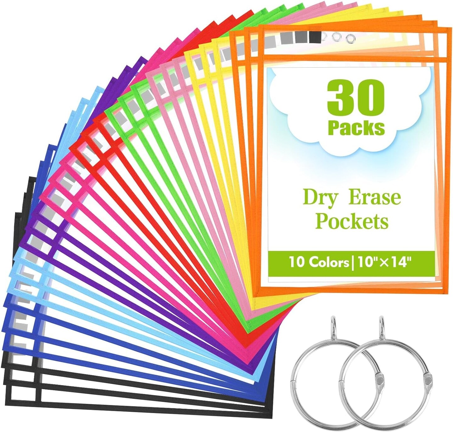 Dry Pockets with 2 Rings, 10 X 14 Oversized Reusable Dry Erase Pocket Sleeves in 10 Colors Bulk, Plastic Clear Sheet Protectors for Classroom School Teacher Supplies Storage