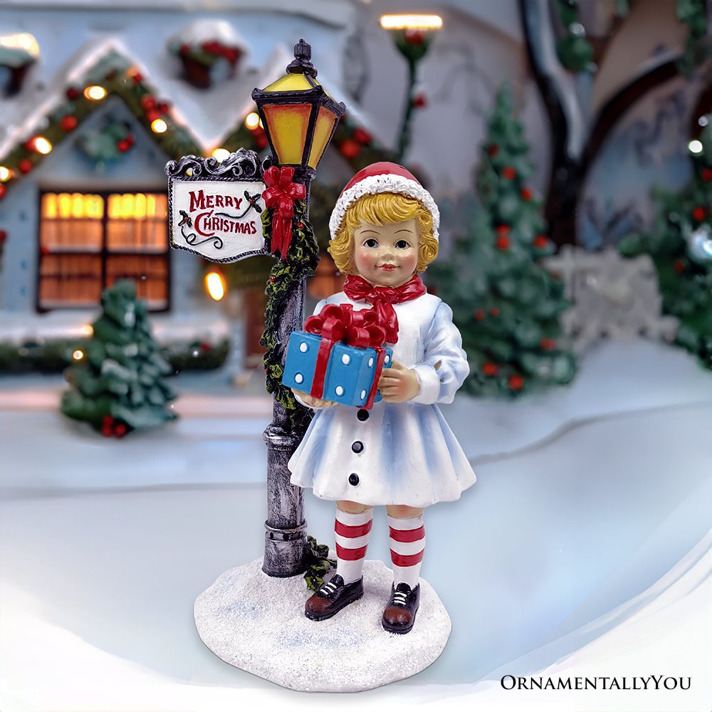 Victorian Style Christmas Girl and Street Lamp Tabletop Figurine, 8&#x22; Vintage Holiday Statue of a Gift Carrying Belle