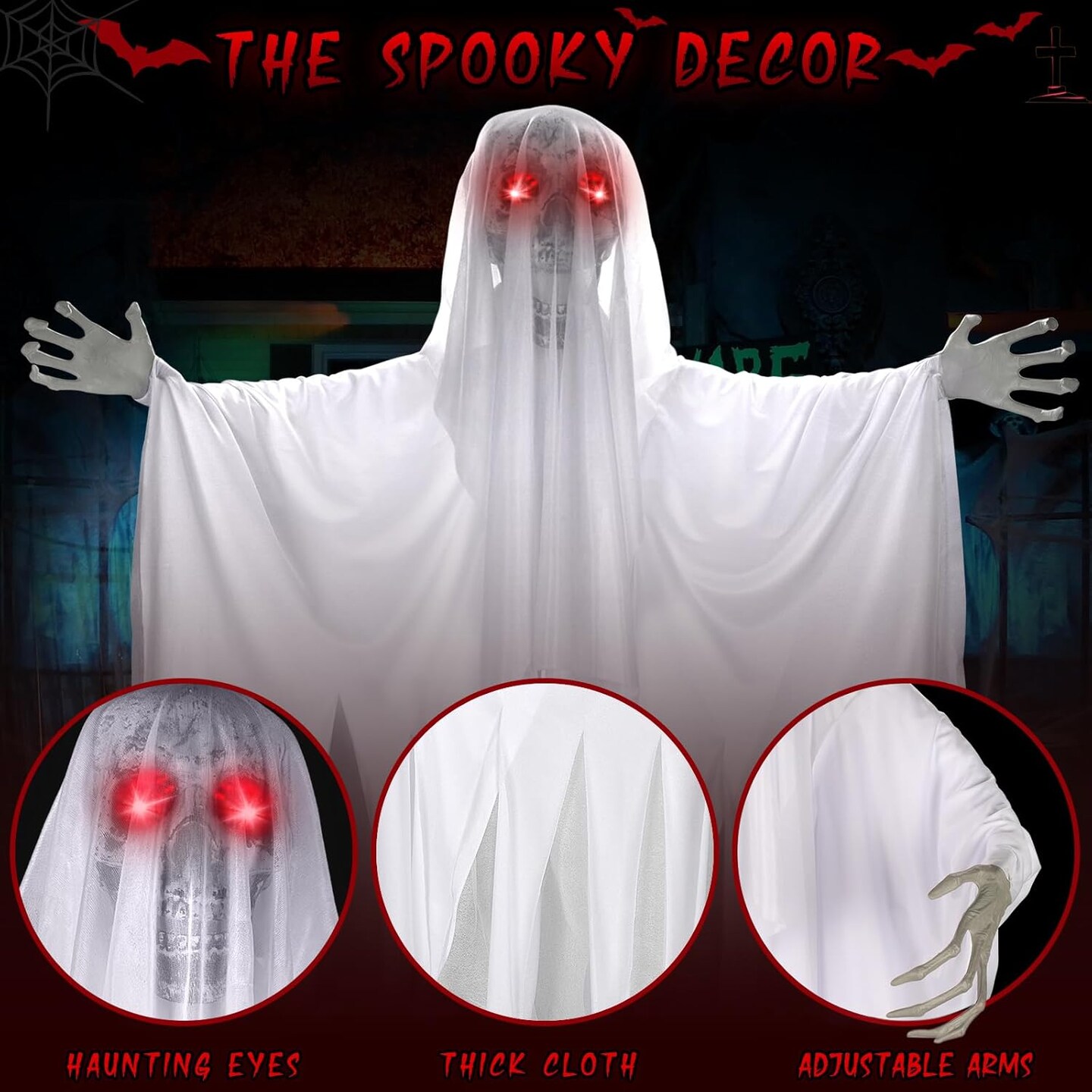 67" Halloween Decorations Outdoor, Life Size Animatronics Skeleton Ghost Decor with LED Light & Creepy Sound & Shoulder Swing, Halloween Party Haunted House Props for Garden Yard Lawn Outsides Indoor