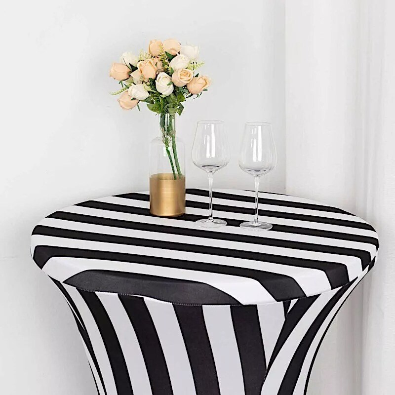 32" Black White Cocktail Table Cover Striped Fitted Spandex Tablecloth Party