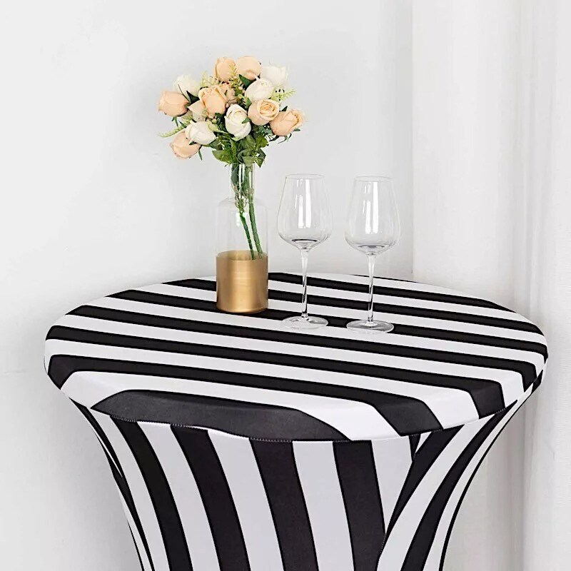 32&#x22; Black White Cocktail Table Cover Striped Fitted Spandex Tablecloth Party