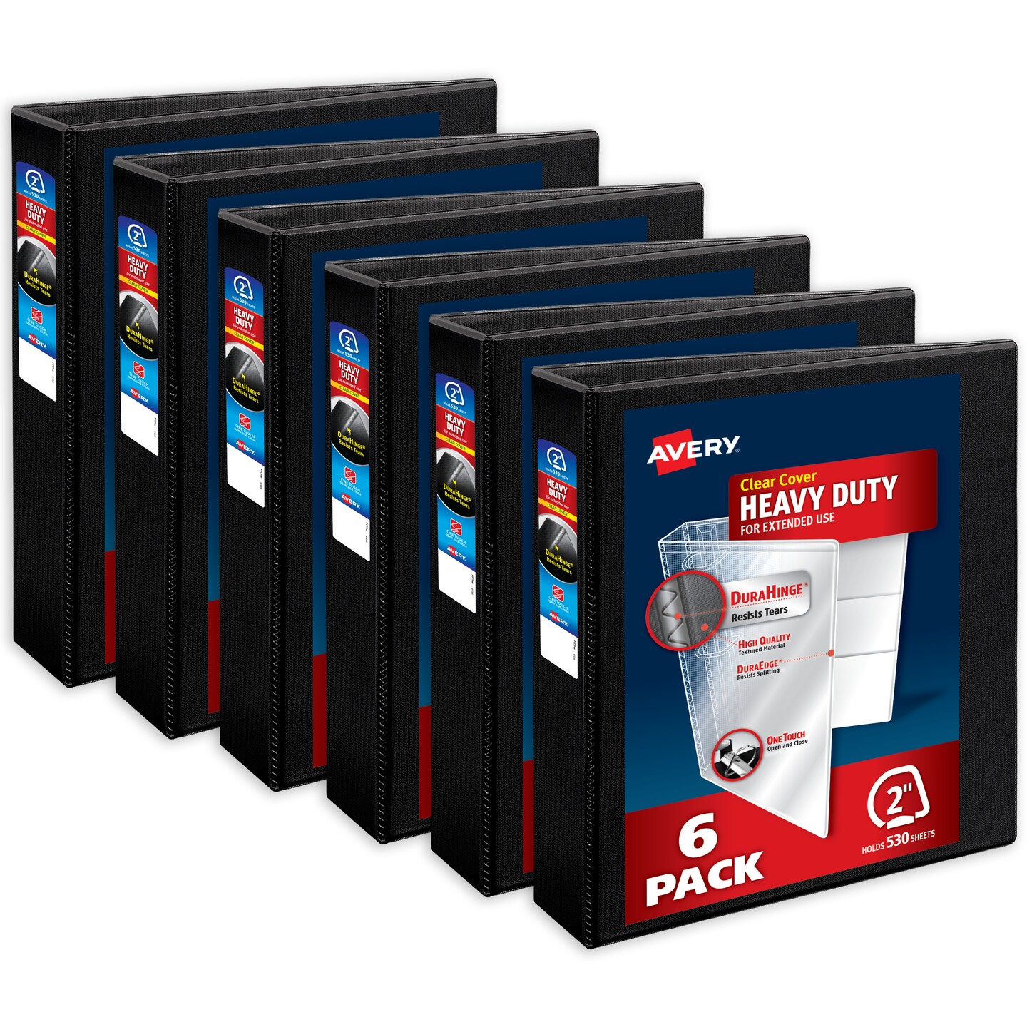 Avery Heavy-Duty View 3 Ring Binders, 2 Inch One Touch Slant Rings, 530-Sheet Capacity, DuraHinge, 2.8 Inch Wide Spine, Customizable Clear Cover and Spine, Black Binders (6-Pack of 79692)