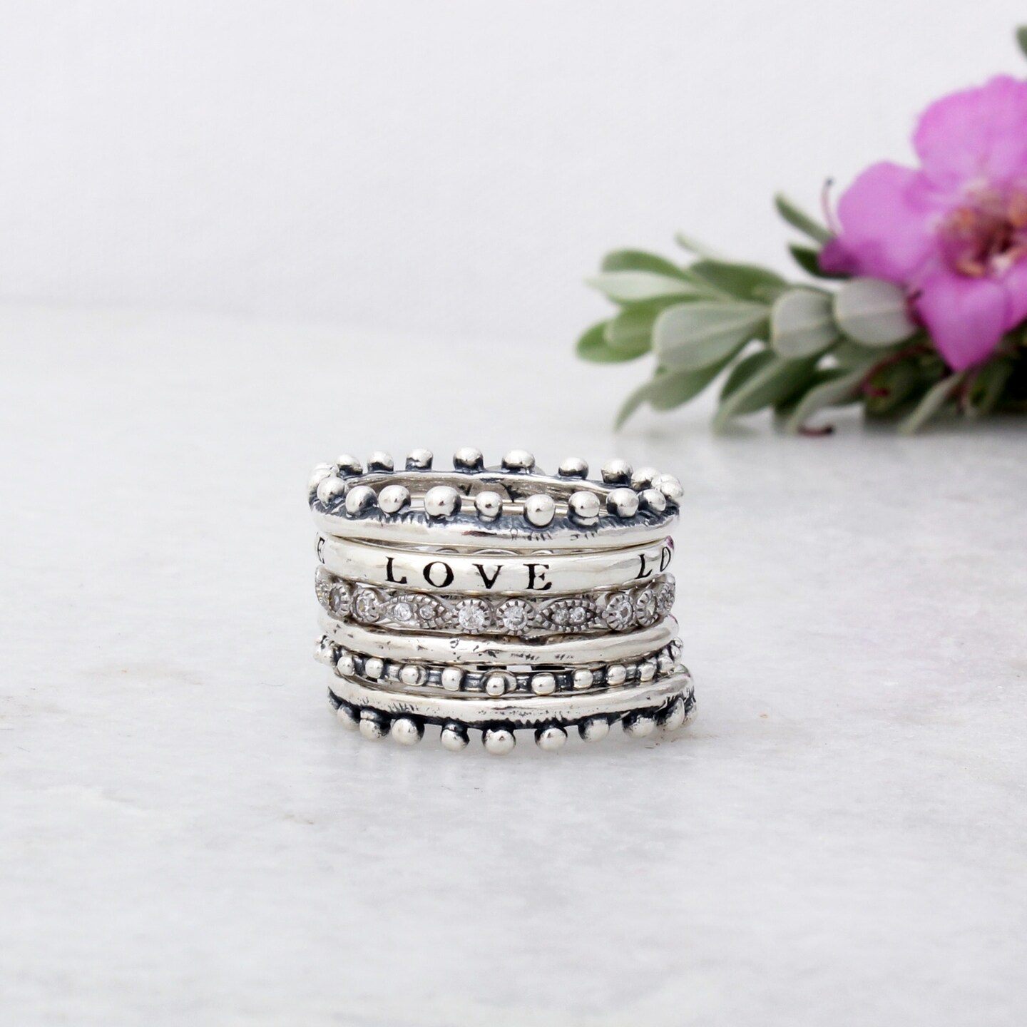 MAMA BEAR Set of THREE stacking ring set solid sterling silver Stacking Rings Floral*PLaIN*Peacock Bands selling Any size