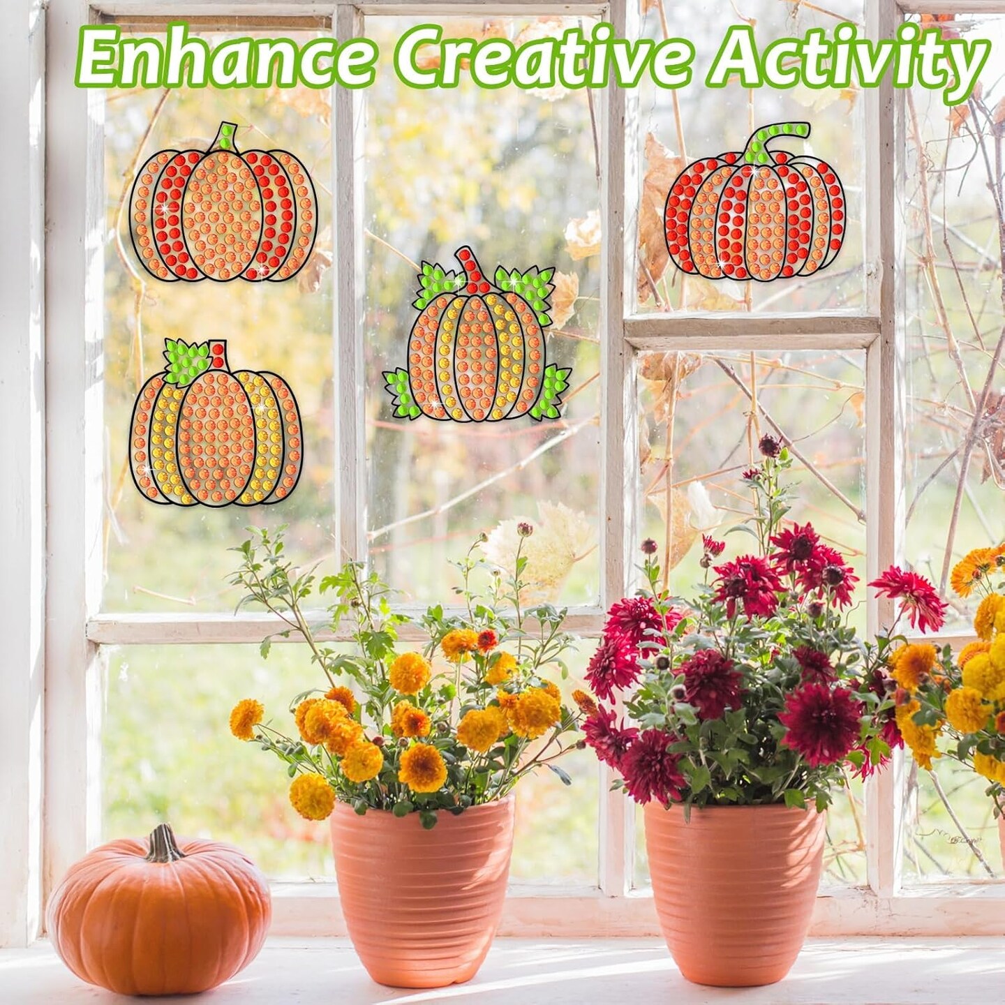 6 Pcs Fall Craft DIY Diamond Suncatcher Pumpkin Shape Art Crafts Suncatcher Kits for Kids, Fall Catcher Diamond Painting Kits for Kids Girls Boys
