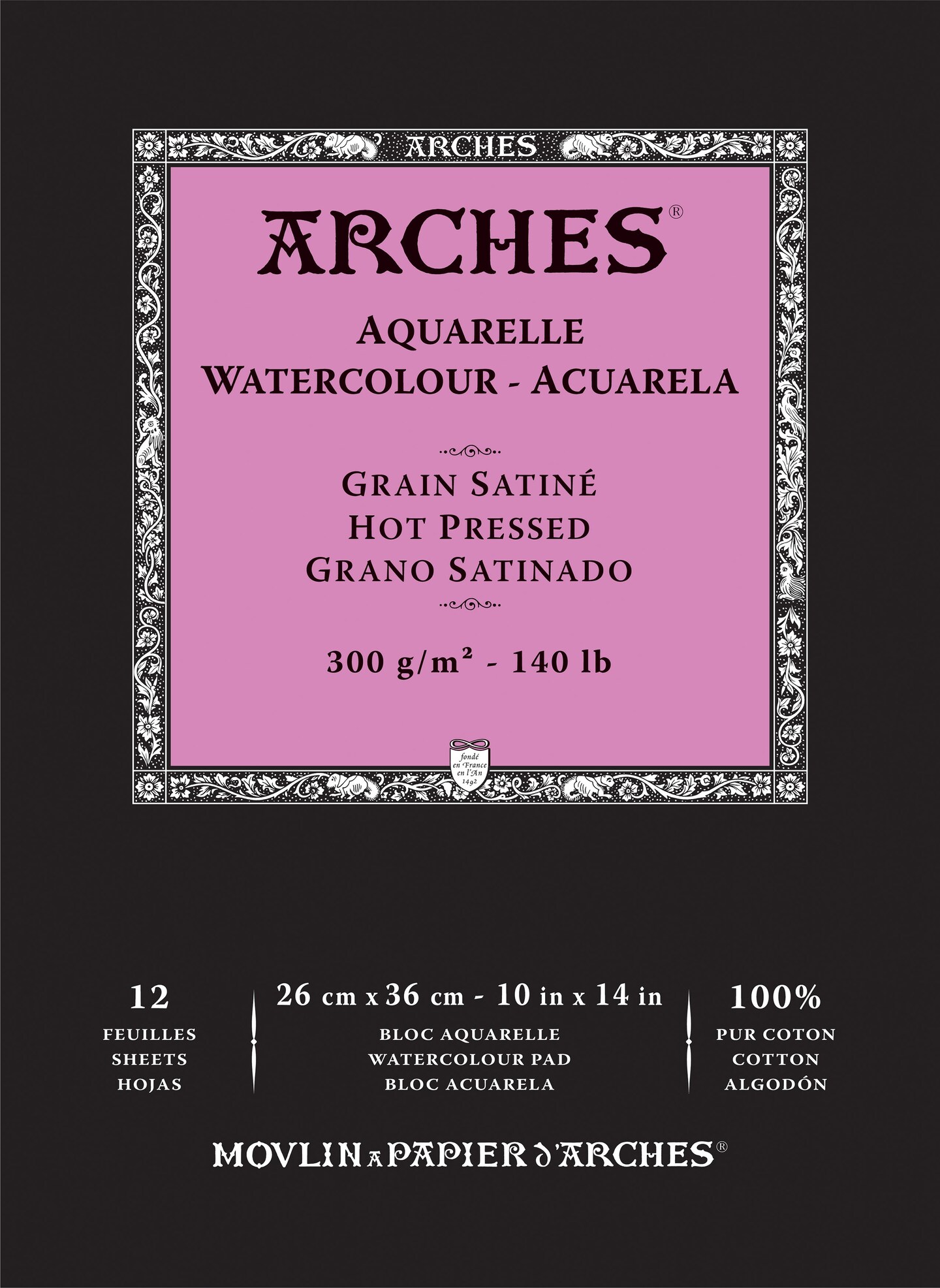 Arches Aquarelle Hot Pressed Watercolor Pad 10"X14"- 140lb, 12 Sheets
