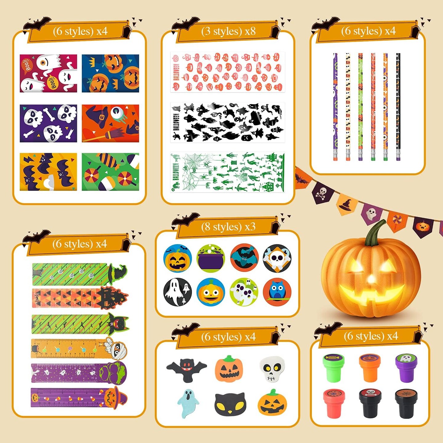 Set for kids, Halloween Party Favors set, Halloween Stationery gift kit, Halloween Goody Bag Fillers including Pencil, Eraser, Ruler, Notepad, Stamper, Sticker