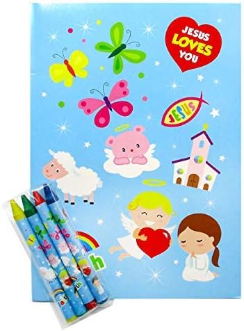 Tiny Mills Christian Religious Coloring Book Set for Kids with 12 Coloring Books and 48 Crayons Favor Bag Filler Sunday School VBS Rewards Basket Fillers Church Carnivals