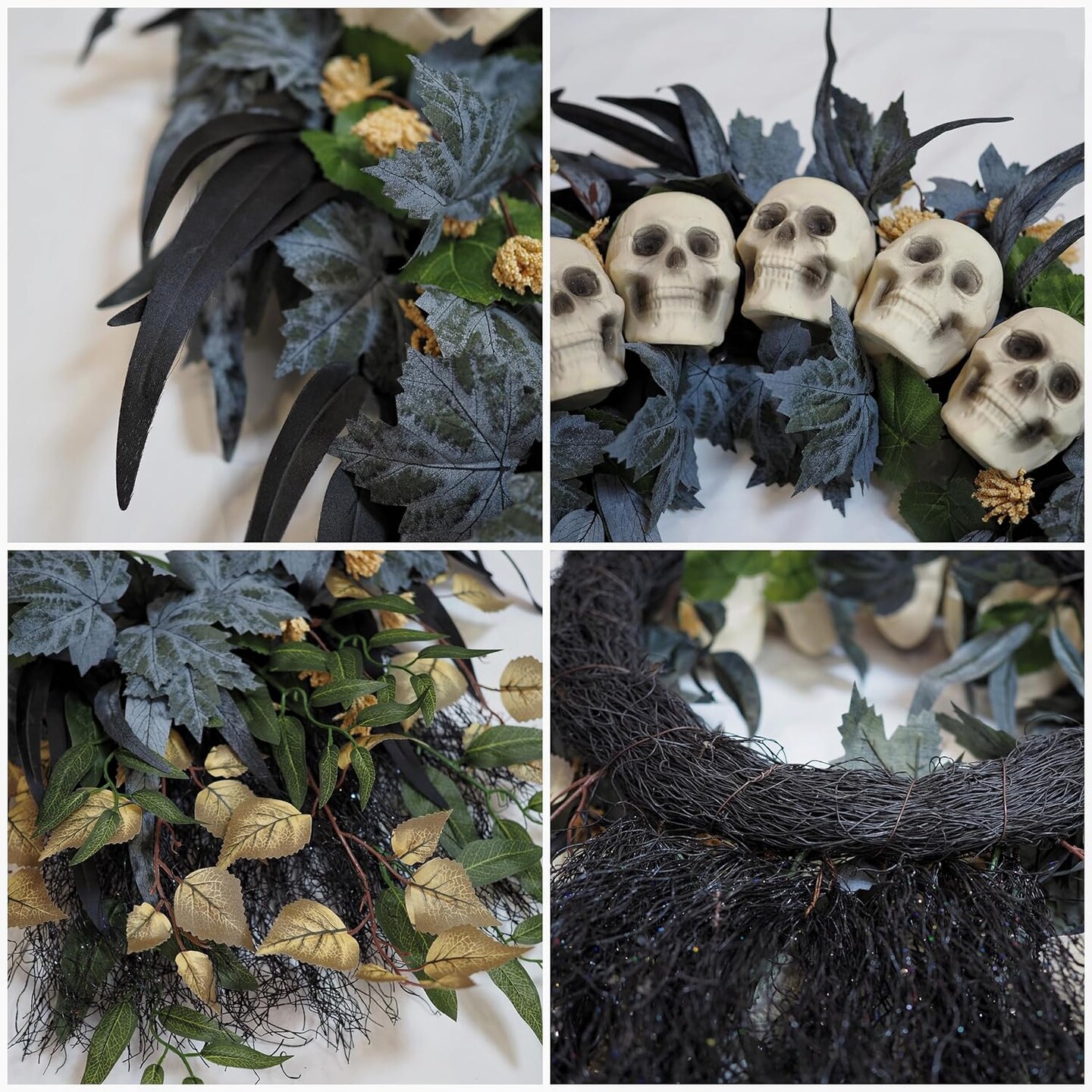 24 inch Halloween Wreath for Front Door, Large Artificial Skulls Maple Leaves Outdoor Wreath Decor, Scary Creepy Halloween Decorations for Front Door and Wall