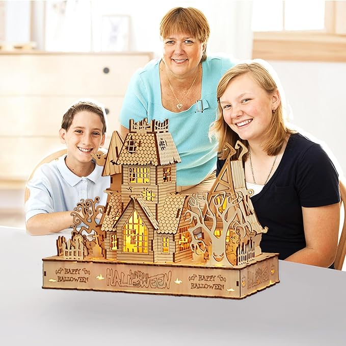 Wood Creative Glow in The Dark Haunted House Puzzle, Assembly Model Building Kits to Build for Adults & Kids, Halloween Decor Model Kits
