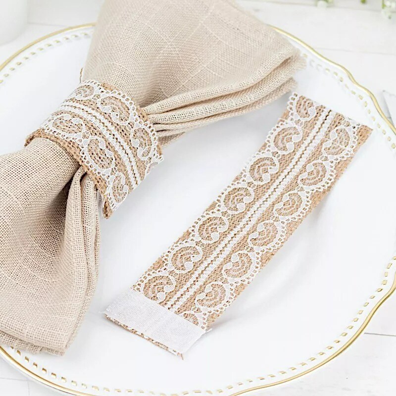 6 Natural White Rustic Jute Lace Fabric Napkin Rings Party Events Decorations