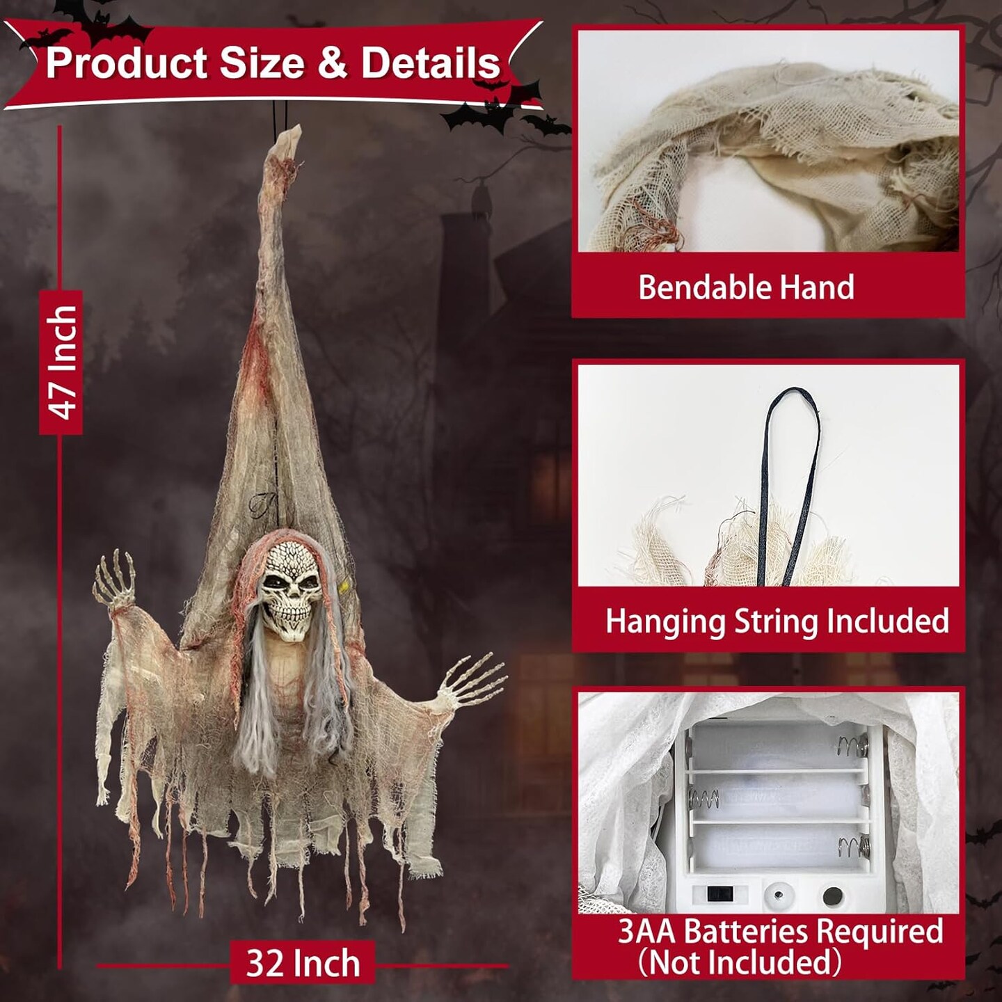 [ Talking &#x26; Sound Activated ] 4 Ft Halloween Animatronics Hanging Outdoor Skeleton Decorations with Glow Red Eyes &#x26; Shake Body, Creepy Sound Halloween Hanging Ghost Props Decor for Yard Haunted House