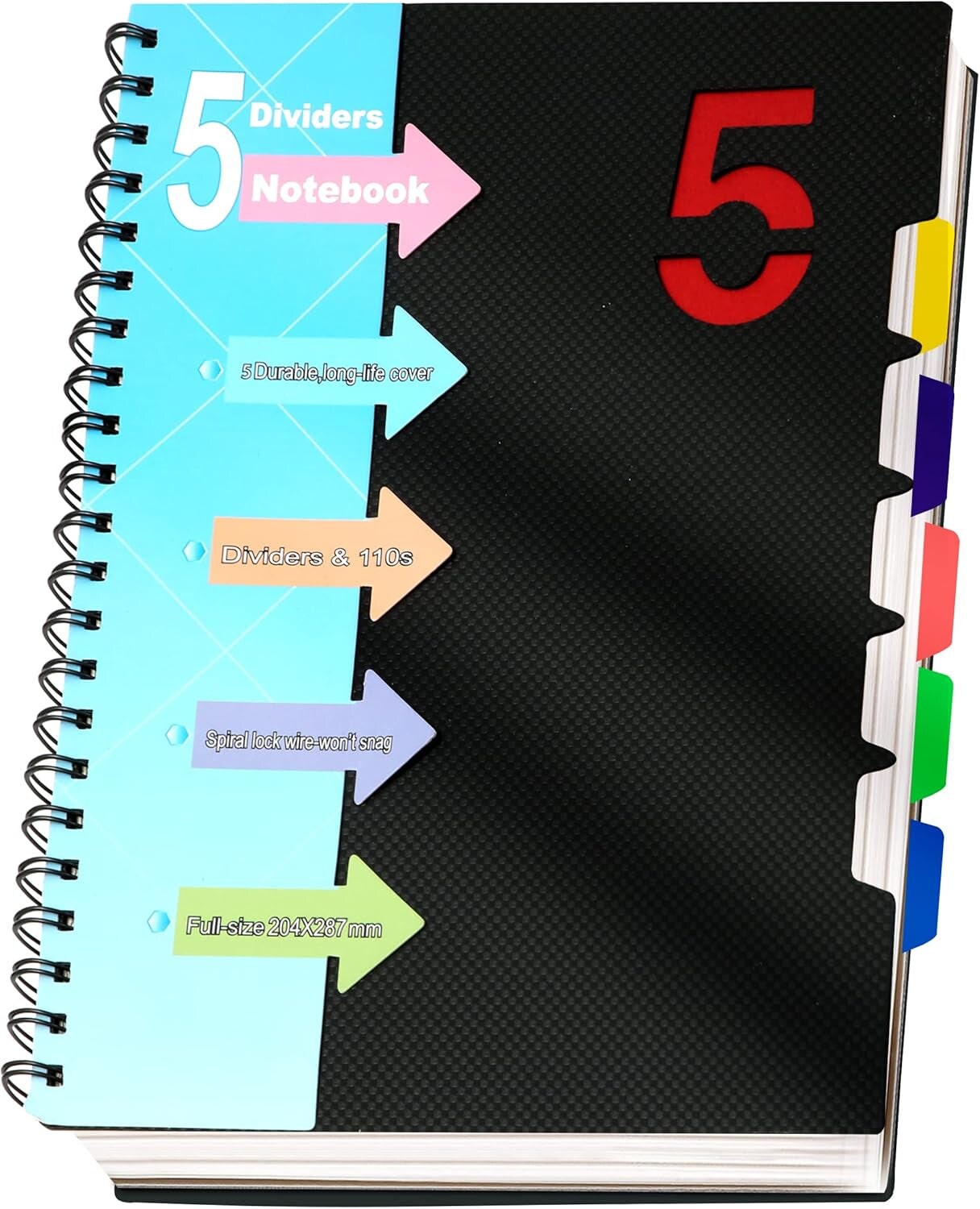 5 Subject Notebook with Dividers Spiral Notebooks 8.5 X 11 with Tabs Hardcover A4 Spiral Bound Journal for School Note Taking Work Organization, 220 Pages, Black