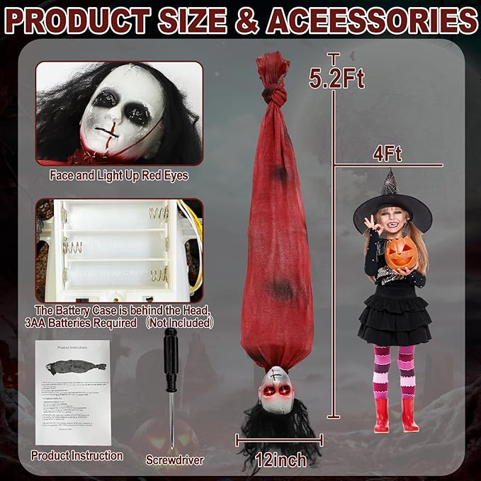 Decorations Animatronic Dead Victim with Creepy Girl Laughter Light Up Red Eyes Shake Head Sound Activated Halloween Prop for Haunted House Yard Decor