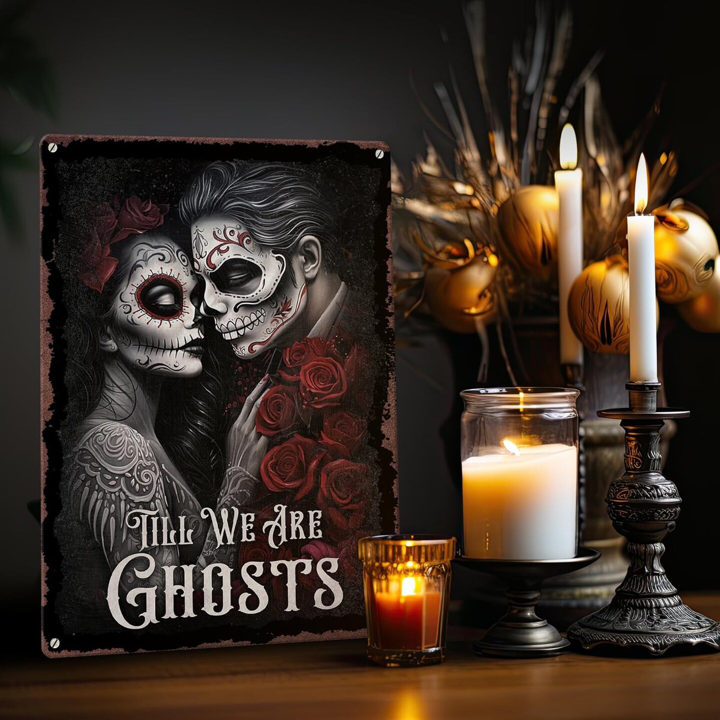Couple Printed Metal Sign, 11.8x15.7 Inches, Gothic Skull Couple Valentines Decor, Romance Sugar Skull Lady Couple Wall Art; Gothic Bedroom Decor