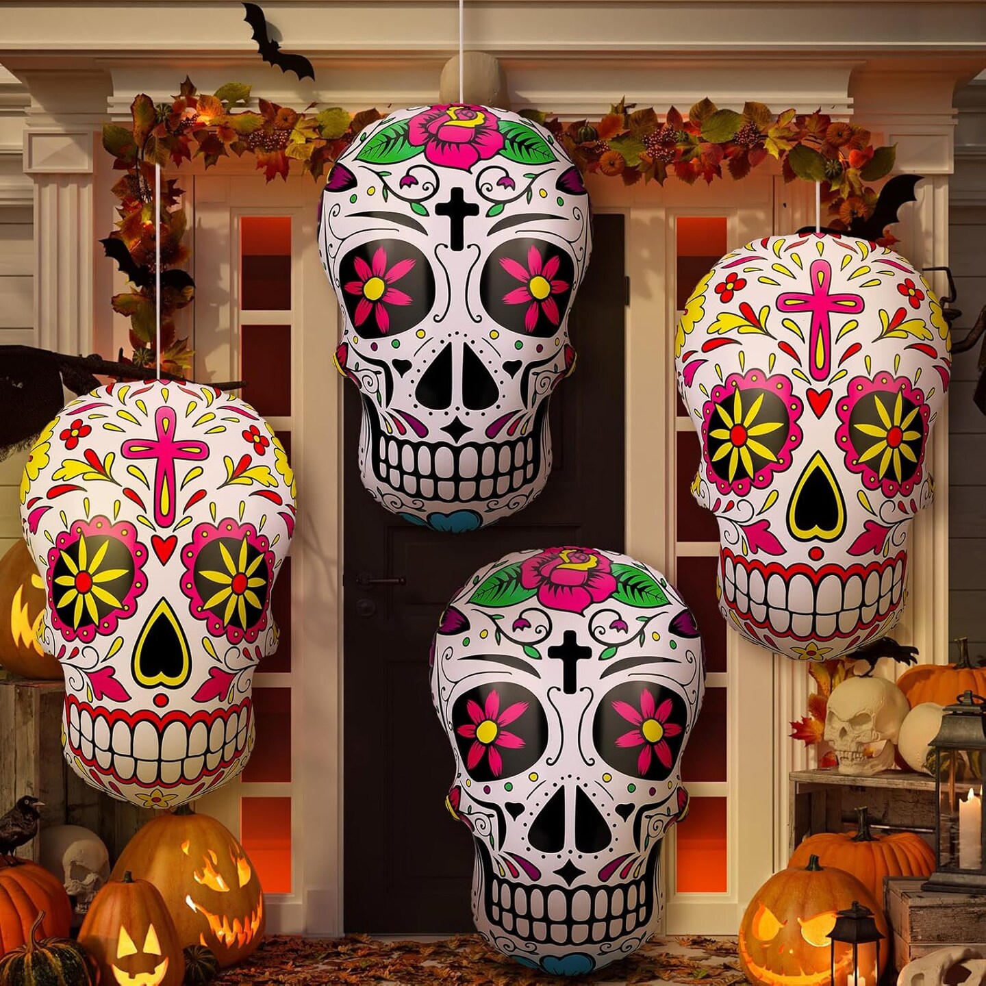 4 Pcs 24 Inch Fiesta Inflatables Sugar Skull Decor Blow up Day of The Dead Inflatable Sugar Skull for Mexican Cinco de Mayo Party Yard Outdoor Decorations