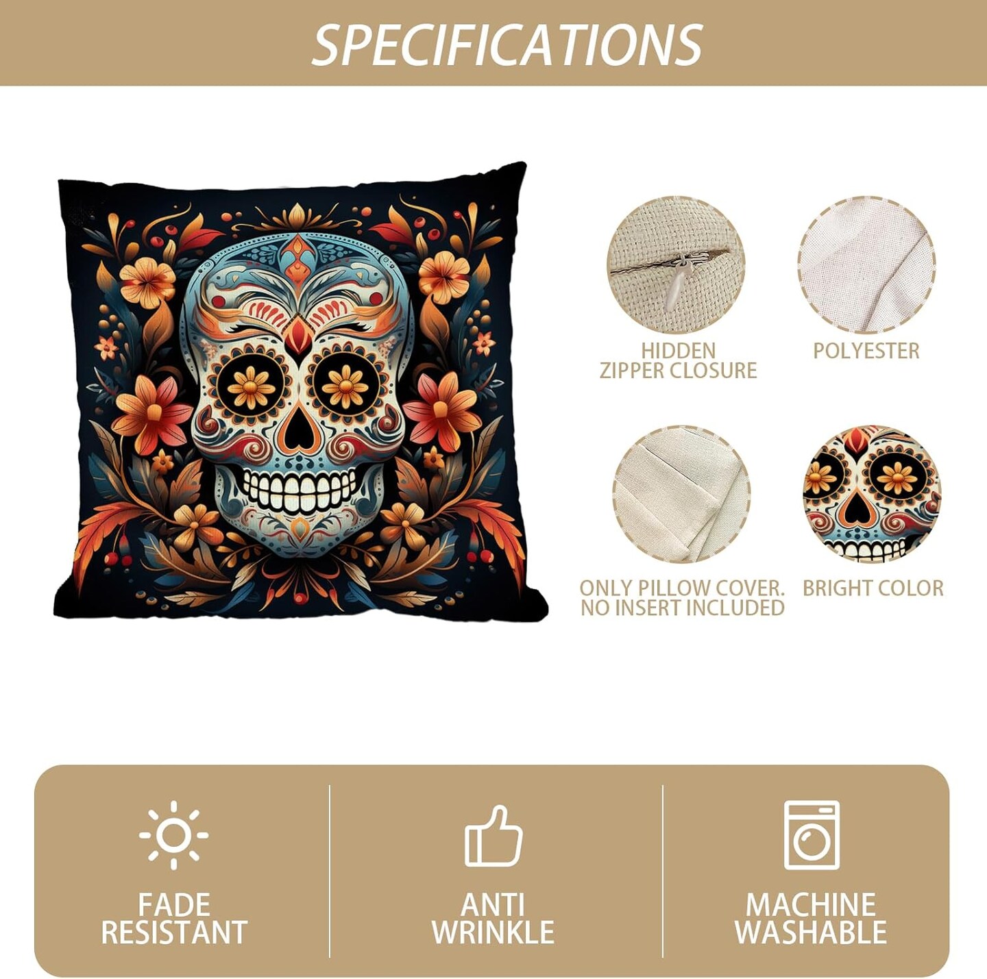 18x18 Set of 4 Sugar Skull Marigold Dia De Los Muertos Mexican Fiesta Party Decorations and Supplies for Home Sofa Couch