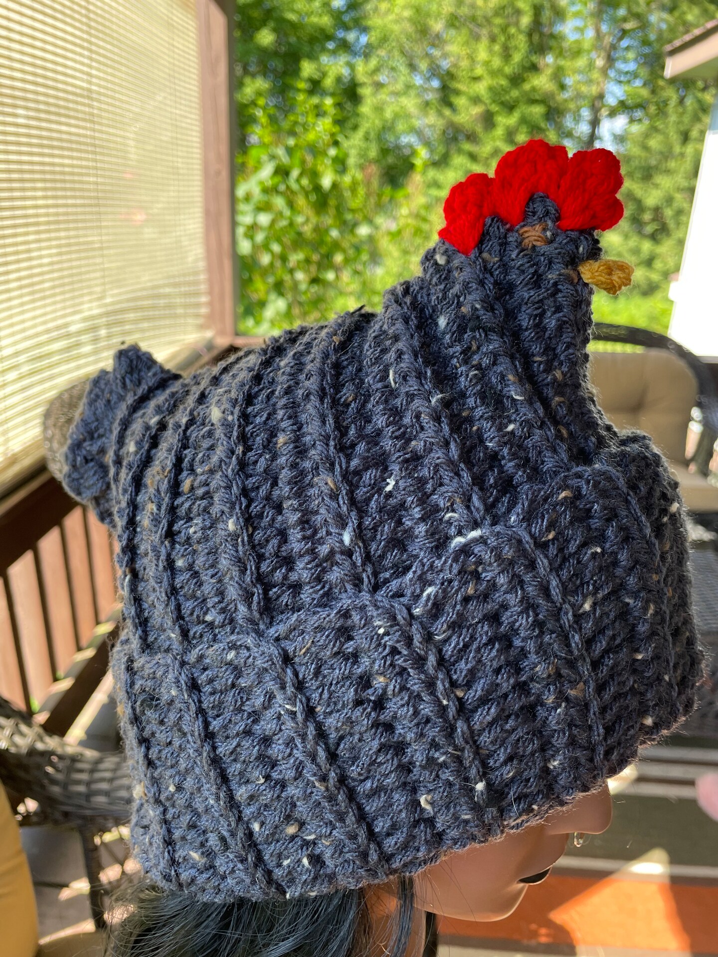 Crochet Chicken Beanie Hat Blue Gray Flecked Tweed MakerPlace