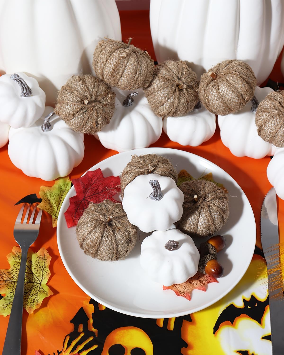 Size - 16PCS White Pumpkins and Burlap Pumpkins for Rustic Fall Decor, Fabric Pumpkins Perfect for Halloween Thanksgiving Decoration Fall Wedding
