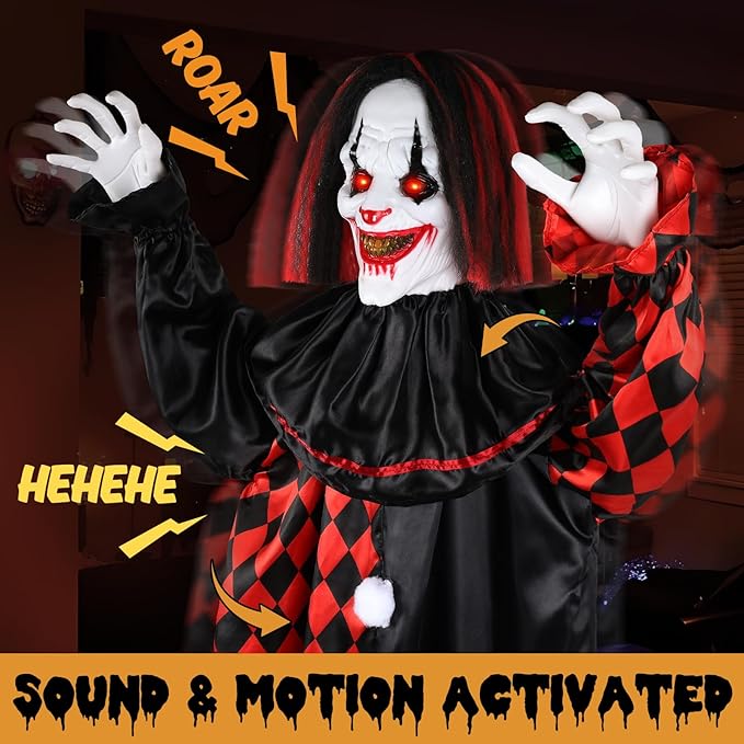 Animatronic Clown with LED Eyes and Creepy Sound, Life Size Animated Halloween Decorations Outdoor for Haunted House Props Decor Lawn Yard Patio