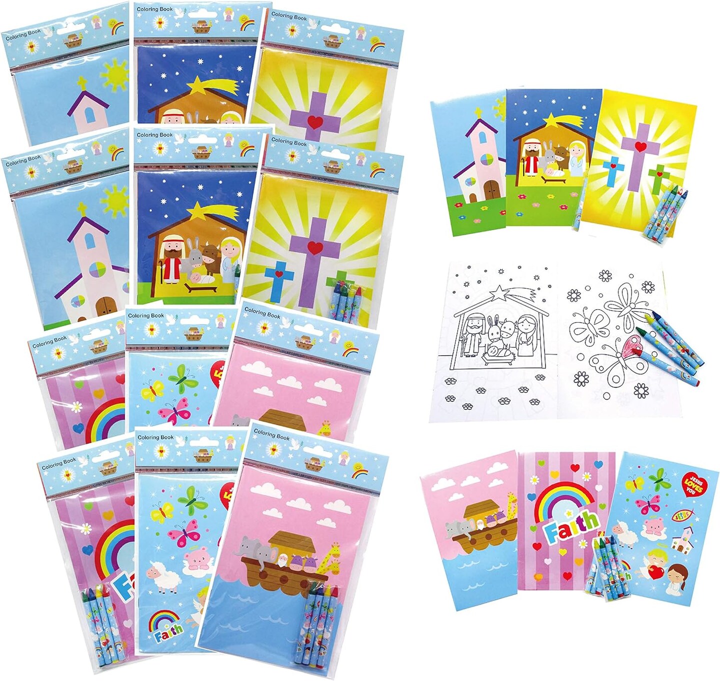Tiny Mills Christian Religious Coloring Book Set for Kids with 12 Coloring Books and 48 Crayons Favor Bag Filler Sunday School VBS Rewards Basket Fillers Church Carnivals