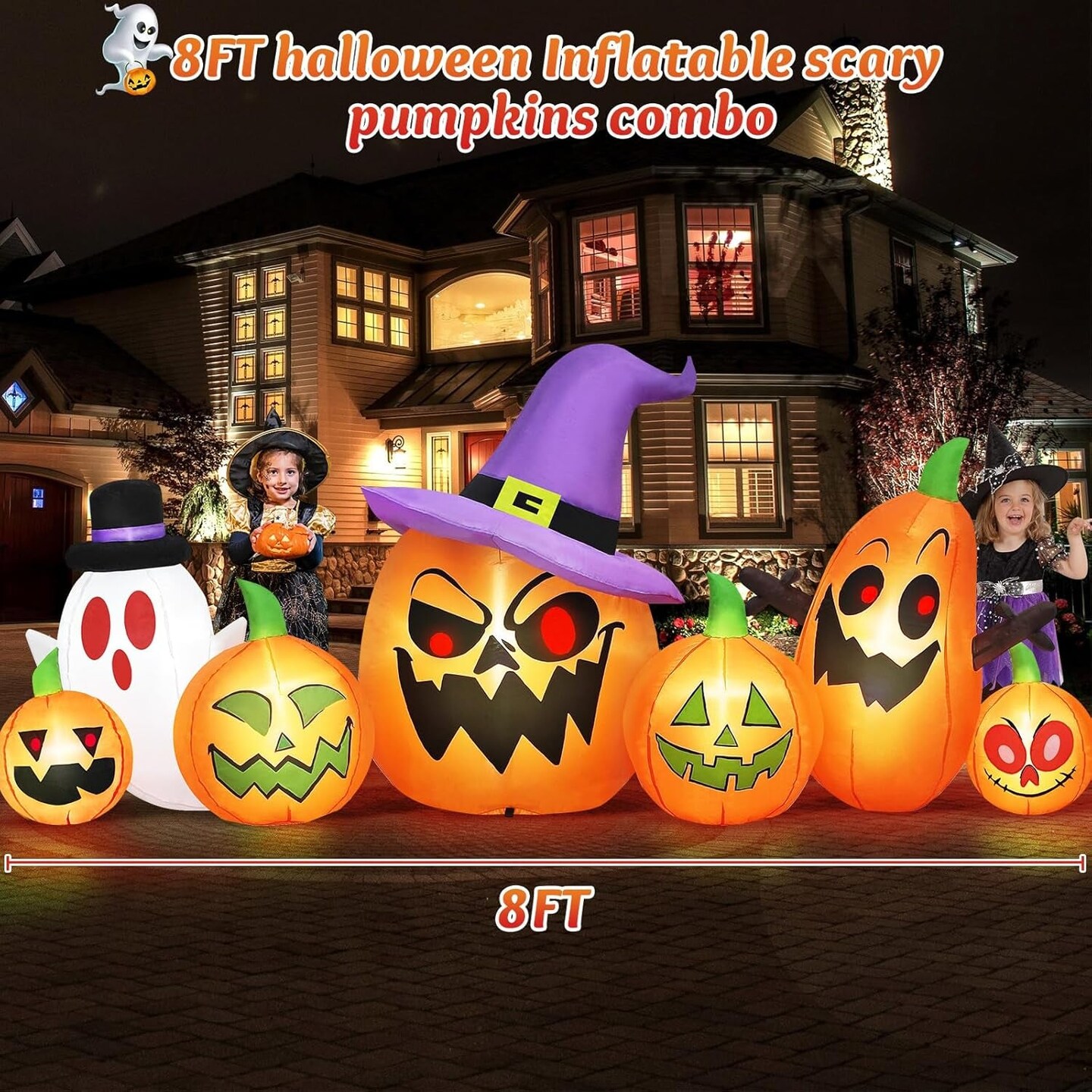 8FT Long Halloween Inflatables Outdoor Decorations, Haunted Inflatable Pumpkins with Witch Hat &#x26; Ghost Combo Blow up Yard Decoration Built-In Leds Lighted for Lawn Garden outside Indoor Decor