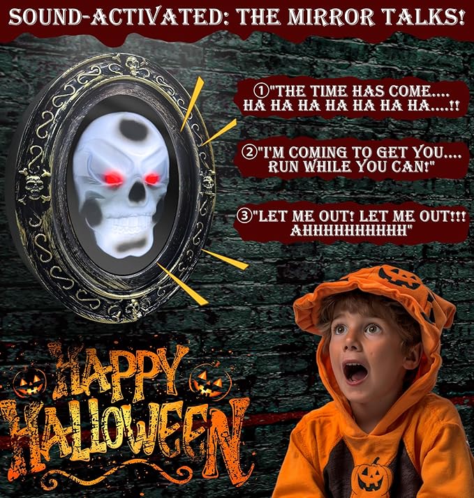 Halloween Animatronic Talking Haunted Mirror with Creepy Sound and Light, Scary Halloween Decorations Indoor Wall Mounted Magic Mirror Horror Prop Decor