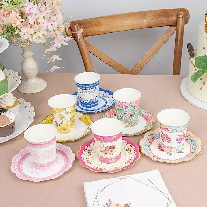 24 Assorted Floral Paper Cups Saucers Set Party Events Tableware Decorations