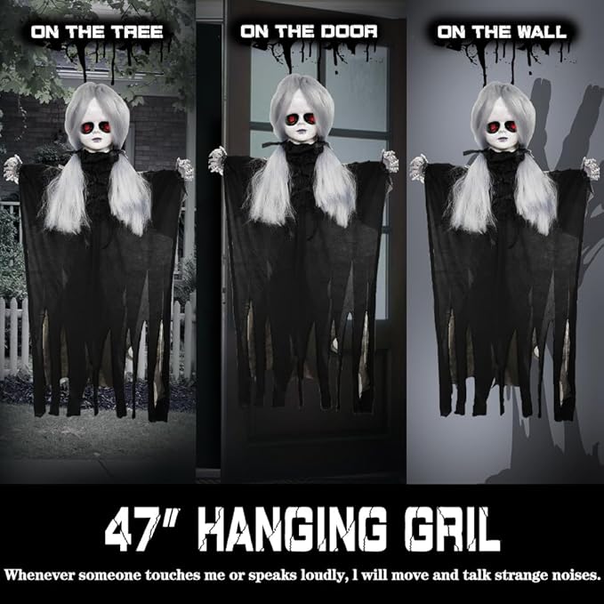 Decoration Outdoor with Sound Activated,Talking Scary Girl with White Light-up Eyes and Body Swing,Horror Prop for Indoor Lawn Decor (47 Inch)