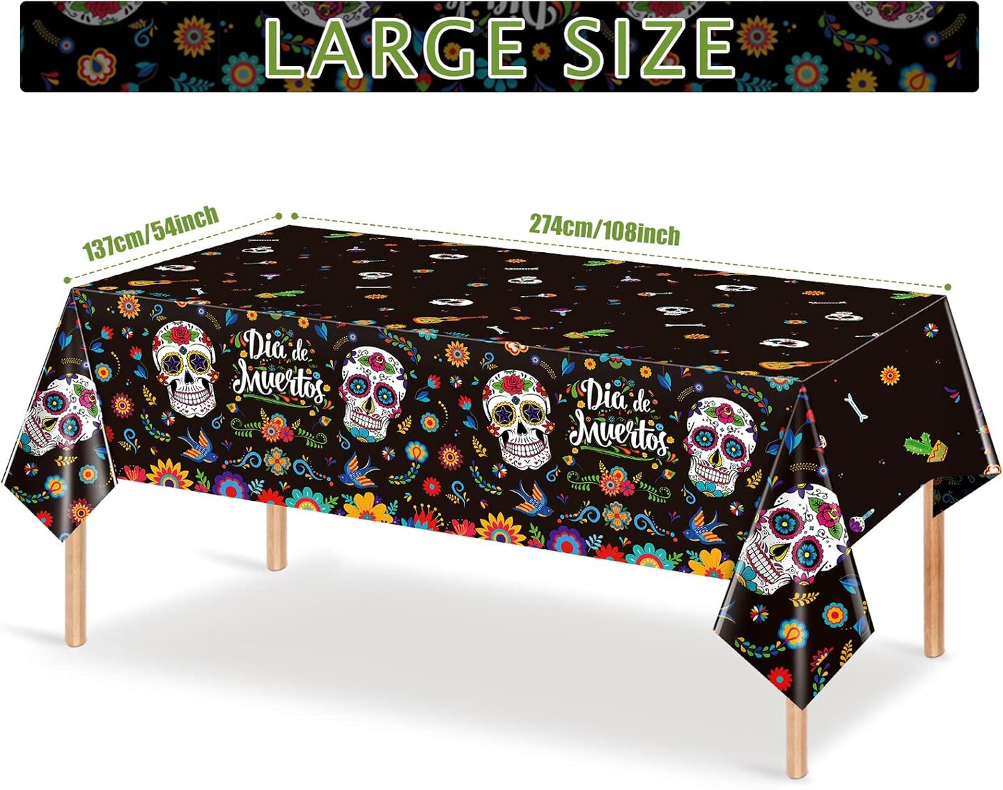 Decorations, Dia De Los Muertos Decor, Plastic Mexican Sugar Skull Floral Table Cover Backdrop for Halloween Mexican Fiesta Birthday Party Supplies, 54x108 Inch