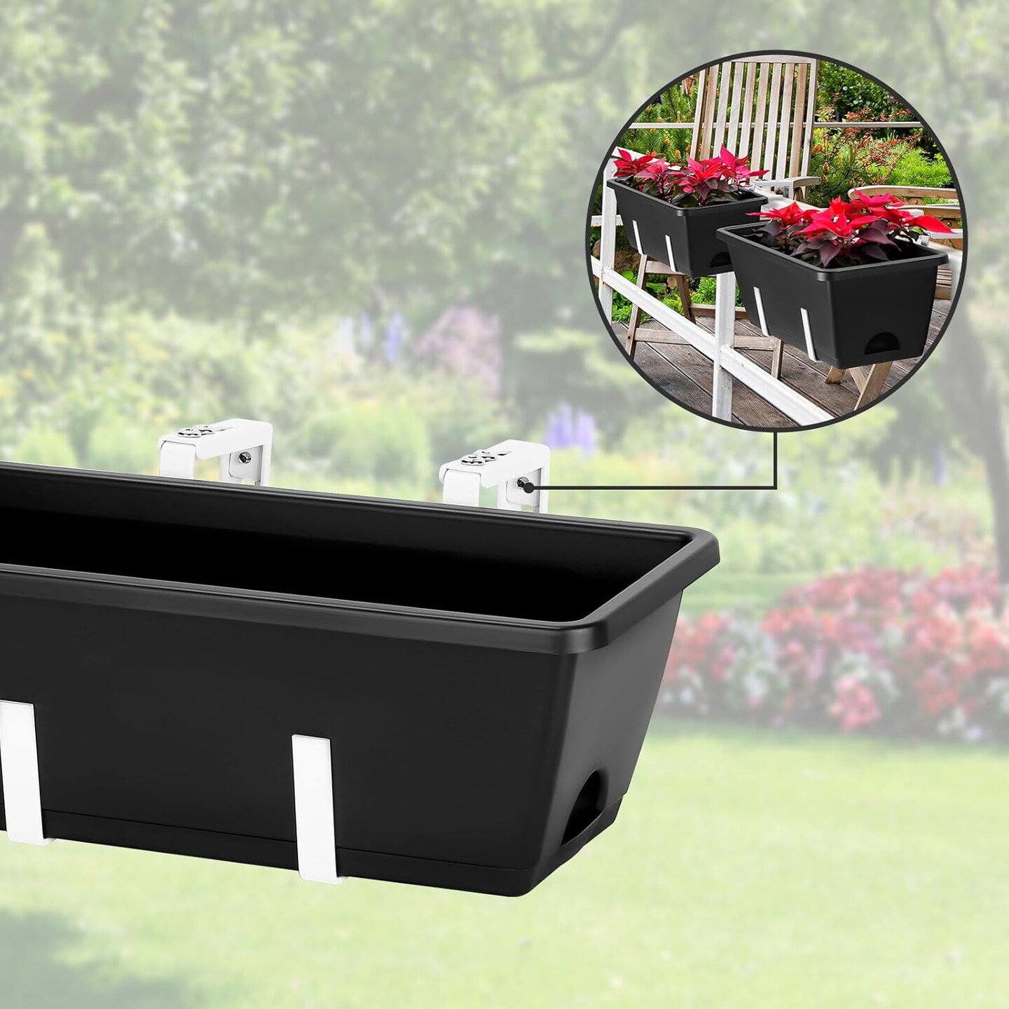 4PCS Railing Planter Box Window Boxes Planters with Flower Box Brackets, 17’’ Rectangle Balcony Deck Railing Hanging Planters for Outdoor Fence Garden Patio Plants