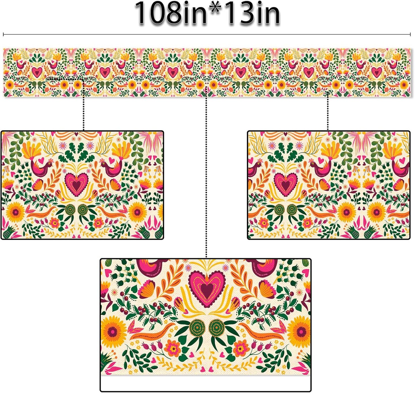 Mexican Cinco De Mayo Table Runner Mexico Fiesta Party Day of The Dead Decoration Home Kitchen Dining Room Decor 108Inches Long