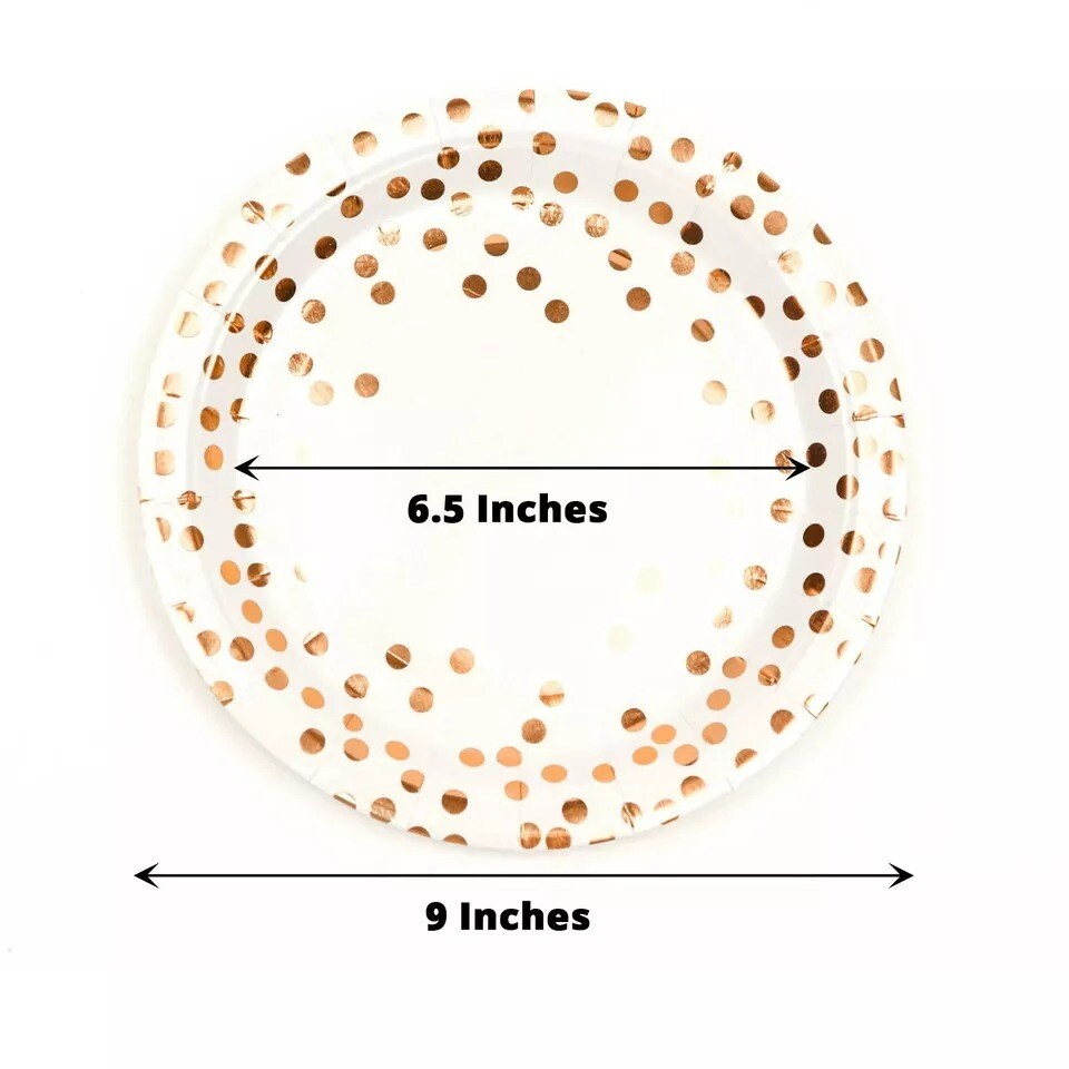 25 White 9&#x22; Round Paper Plates Rose Gold Polka Dots Party Events Home Tableware