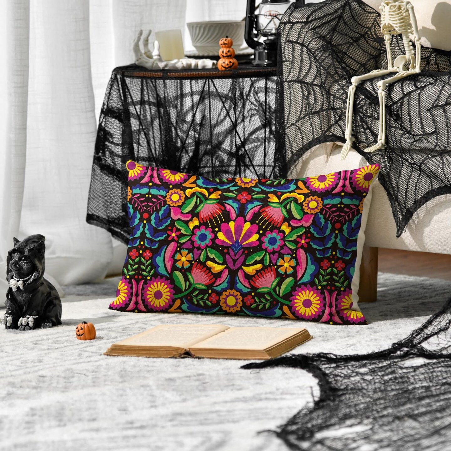 Death Flower Throw Pillow Cover, 12 x 20 Inch Day of The Dead Halloween Cushion Case Holiday Decor for Sofa Couch