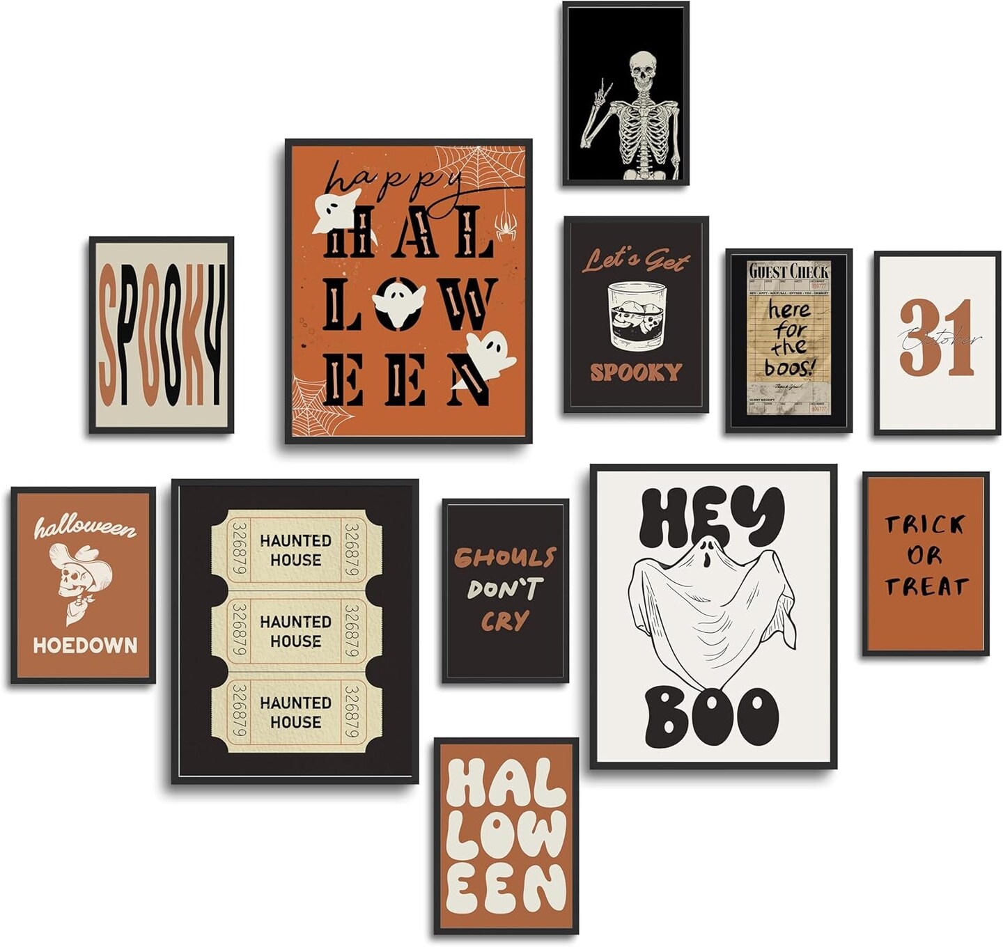 Vintage Halloween Room Decor, Trendy Horror Spooky Gallery Wall Art for Home, Orange and Black Boo Posters, Retro Ghosts Skeleton Prints (Multi Sizes, 8&#x22; X 10&#x22; Largest, Set of 12, UNFRAMED)