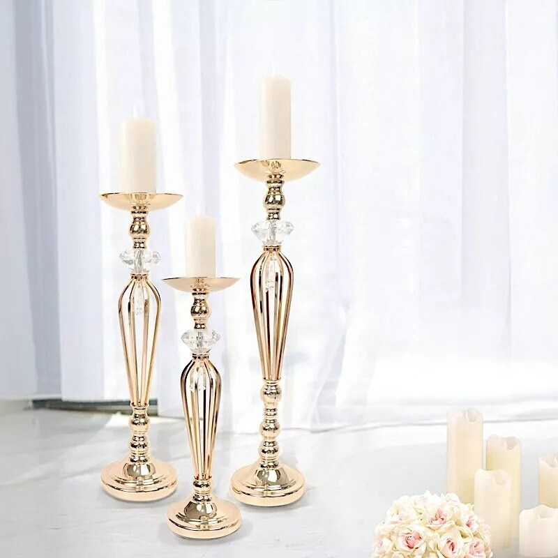 3 Gold Metal Crystals Pillar Candle Holders Pedestal Stand Set Party Events